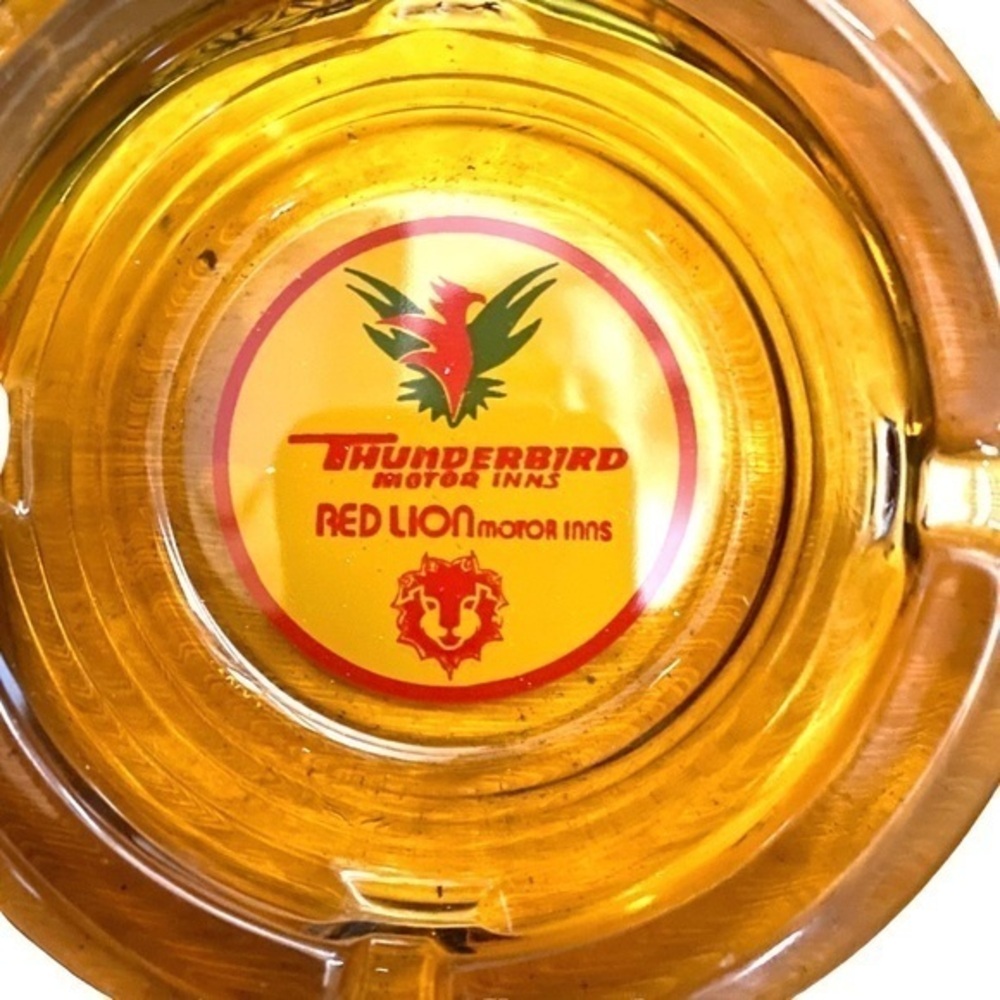 Vintage Advertising Thunderbird Red Lion Ashtray Golden Amber Glass Red Green